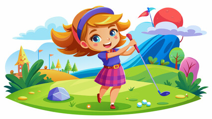 cartoon very beautiful girl playing golf on a white background 