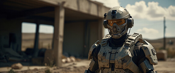 Fototapeta premium cyborg soldier fighting in a warzone movie story seen trail cam footage, rear view, wide angle shot, a striking contrast against the soft, blurred background, with a digital interface overlaid