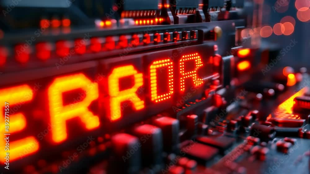Poster close-up of computer circuit board showing glowing red error message indicating technical difficulti