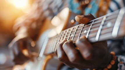Fototapeta premium A close-up image captures hands skillfully playing a guitar, with sunlight flares adding a warm, nostalgic feel, highlighting the connection between music and emotion.