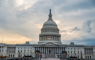 United State Capital Hill architecture at sunset with dark clouds