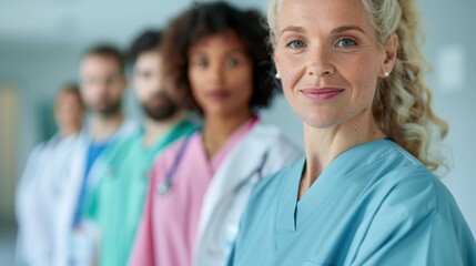 Fototapeta premium A team of diverse doctors smiles confidently in hospital attire, exuding professionalism and teamwork. The image captures a sense of unity and dedication.