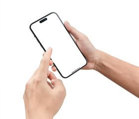 Hand using smartphone with blank screen isolated on white background.