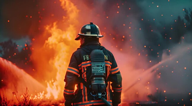a firefighter in the middle of a blaze to put out the fire.