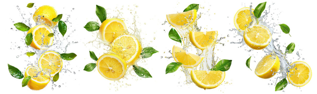 Set of fresh delicious lemons splashing with leaves, cut out