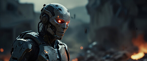 Fototapeta premium cyborg soldier fighting in a warzone movie story seen trail cam footage, rear view, wide angle shot, a striking contrast against the soft, blurred background, with a digital interface overlaid