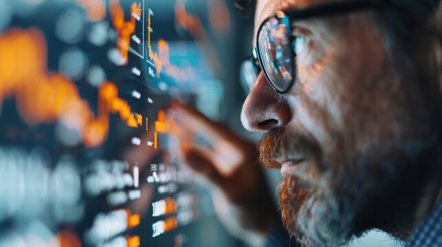 A person interacts with colorful data points and graphs on a digital touchscreen, indicating a focus on data analysis and real-time decision making in a modern environment.
