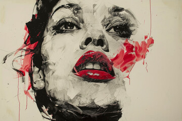 A close-up portrait of a woman with stylized black and white contours, featuring a bright red lip and abstract red paint details in the background.