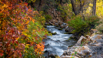 Water falls on Big Cottonwood creek in Utah during autumn time, long exposure shot.