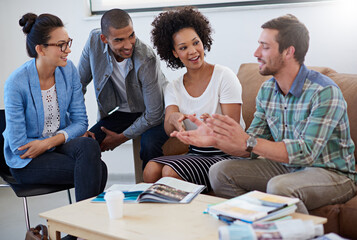 Publication, employees and meeting for support in office, teamwork and discussion for creativity. Staff, issue feedback and review of schedule for magazine journal, brand collaboration and project