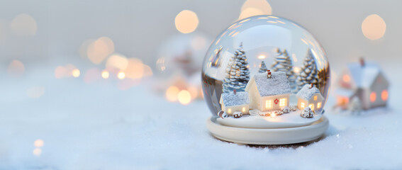 front view, closeup horizontal image, Christmas globe with christmas decoration. White blurred background, copy space for text. For banner, design, new year, shop, linkedin, commercial, presentation