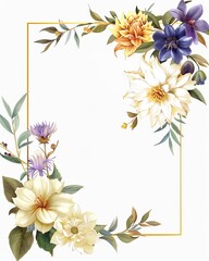 A beautiful floral frame design featuring various flowers in soft colors, perfect for invitations, announcements, or artistic projects.