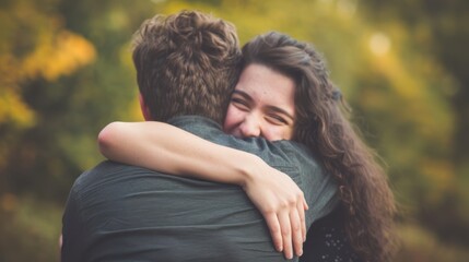 Fototapeta premium Tender Embrace of Smiling Woman and Man in Autumn Setting