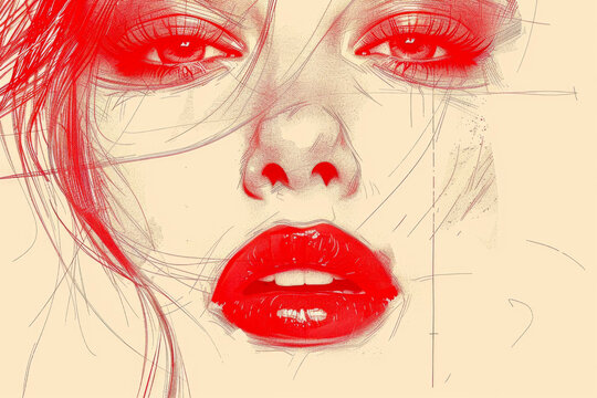 A woman's face is the focus of this detailed digital drawing. The woman has red lips, windblown hair, and her eyes are closed.