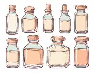 Foundation in glass packages. Open and closed bottles. Hand drawn tone cosmetic product. Cute vector illustration