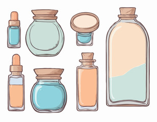 Foundation in glass packages. Open and closed bottles. Hand drawn tone cosmetic product. Cute vector illustration
