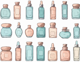 Foundation in glass packages. Open and closed bottles. Hand drawn tone cosmetic product. Cute vector illustration