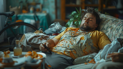 A heavily built man in dirty clothes fell asleep while eating on the sofa with a smartphone in his hands. The concept of an unhealthy lifestyle.