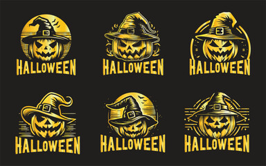 Naklejka premium A set of Halloween pumpkin silhouettes carved into faces. Black pumpkin face patterns isolated on orange. Scary and funny faces of pumpkin or ghost for Halloween. Vector illustration