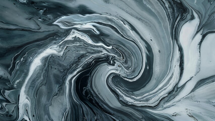 A mesmerizing swirl of fluid dynamics, predominantly in shades of gray and white. The swirling patterns resemble a mix of marbled stone and fluid art.