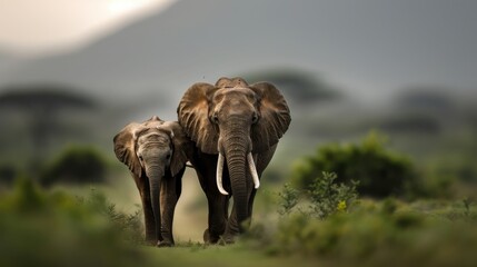 Fototapeta premium An image depicting a mother elephant walking alongside her calf, set against a backdrop of tranquil scenery, emphasizing familial bond, protection, and natural beauty.