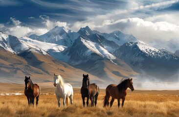 Horses standing in an open field with snow-capped mountains behind them, beautiful landscape