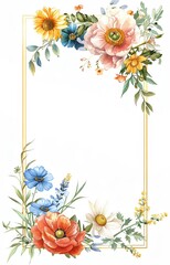 Fototapeta premium A vibrant floral border featuring diverse flowers, perfect for invitations, stationery, or decorative designs.