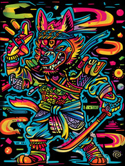 A colorful storybook cover for kids of an anthropomorphic excited ninja and dog