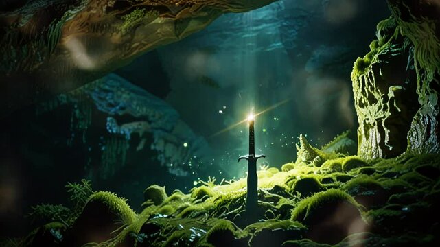 An ancient sword in a cave with a beam of light, in a smooth looping video.