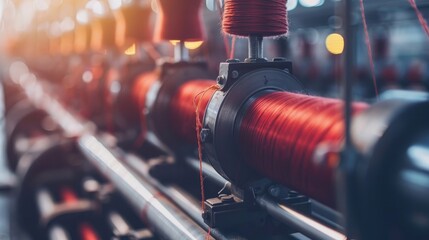 Closeup of a textile machine operating in a factory