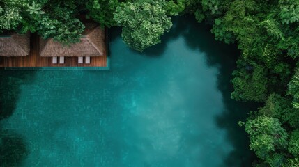 Fototapeta premium An aerial perspective showcases thatched huts perched over crystal-clear blue water, surrounded by dense, lush trees, creating a stunning and serene tropical paradise.