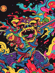 A colorful storybook cover for kids of an anthropomorphic excited ninja and dog