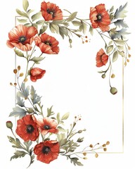 Beautiful floral border featuring vibrant red poppies and delicate leaves, perfect for invitations or decorative backgrounds.