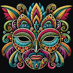 Colorful embroidered ornamental surface 3d mask with bright feathers, stitching lines, swirls, decorative patterns. Isolated patterned festive vector mask on black background. Embroidery texture.