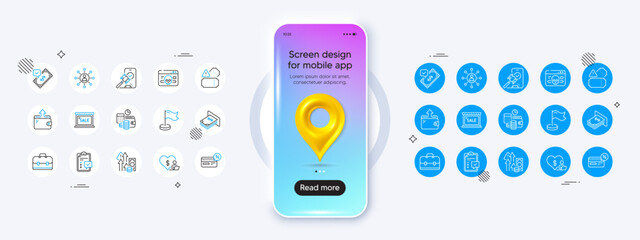 Phone mockup with 3d map pin icon. Sale, Wallet and Cashback line icons. Pack of Checklist, Atm money, Accepted payment icon. Networking, Milestone, Volunteer pictogram. Vector