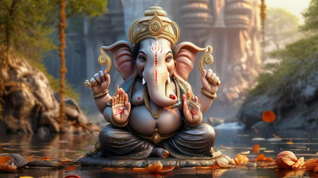Serene Ganesha amidst tranquil nature setting, invoking spirituality and peace