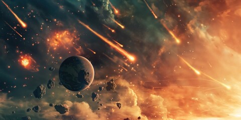 Dramatic Cosmic Landscape with Meteors created by ai