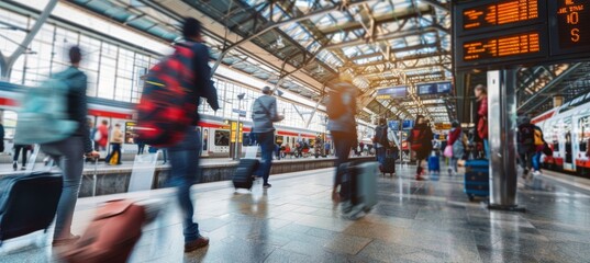 Fototapeta premium Busy Modern Train Station with Travelers Carrying Luggage - Travel Concept for Posters and Designs
