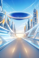 Modern cityscape with sleek, futuristic cars zooming down the road