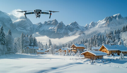 Fototapeta premium A drone is gliding through the air over a stunning mountain village blanketed in snow