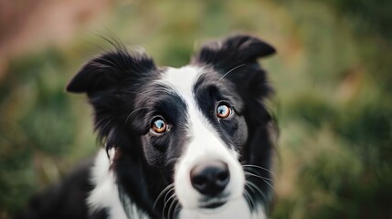 Border collie dog sitting and tilting its head, looking at the camera with a cute, inquisitive face