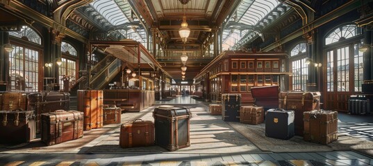 Vintage Train Station with Modern and Classic Luggage - Nostalgic Travel Atmosphere for Posters and Prints