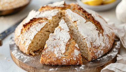 A loaf of bread on a cutting board with a missing slice, common in recipes and as a staple food
