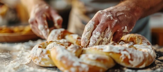 Close-Up of Hands Shaping Homemade Pretzel Dough on Flour-Dusted Counter