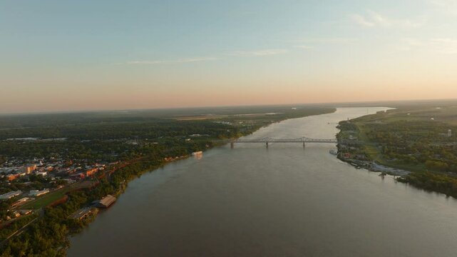 Drone Video of Mississippi River in Natchez, Mississippi at Sunset Looking South