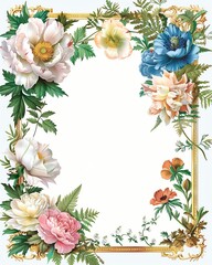 Fototapeta premium Beautiful floral frame featuring vibrant peonies and greenery, perfect for invitations, cards, and creative projects.