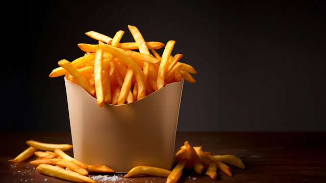 Por&ccedil;&atilde;o de batatas fritas numa embalagem branca sobre mesa de madeira em fundo negro