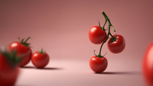 Cacho de pequenos tomates cereja em fundo avermelhado com outros tomates ao redor.