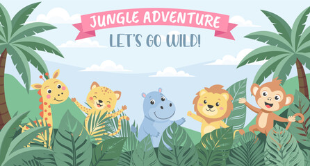 Jungle Adventure zoo. Childrens animals, safari background. Cute animals in the jungle. Illustration in flat style, invitation, postcard