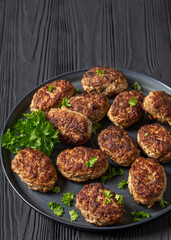 frikadeller, danish meatballs on a plate, top view